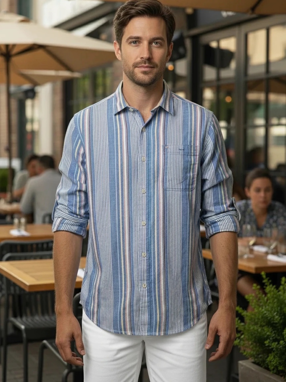 Tommy Bahama Men’s Linen Blend Blue Multi-Striped. Size Large